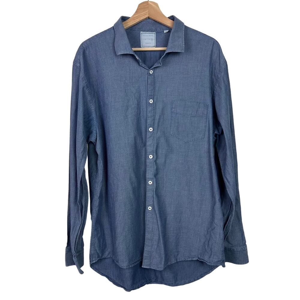 Billy Reid Men's Standard Fit Blue Woven Cotton Button Up Shirt‎ Size XXL
